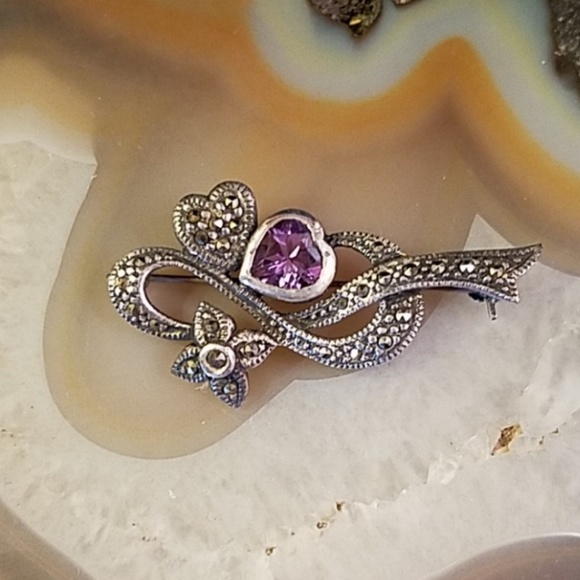 Vintage Jewelry - Vintage Silver amethyst heart & flower marcasite brooch FINAL $ EC